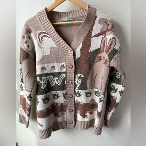 YWFG‎ Whimsical Animal Cardigan Sweater Neutral Grandpa Cottagecore Novelty L